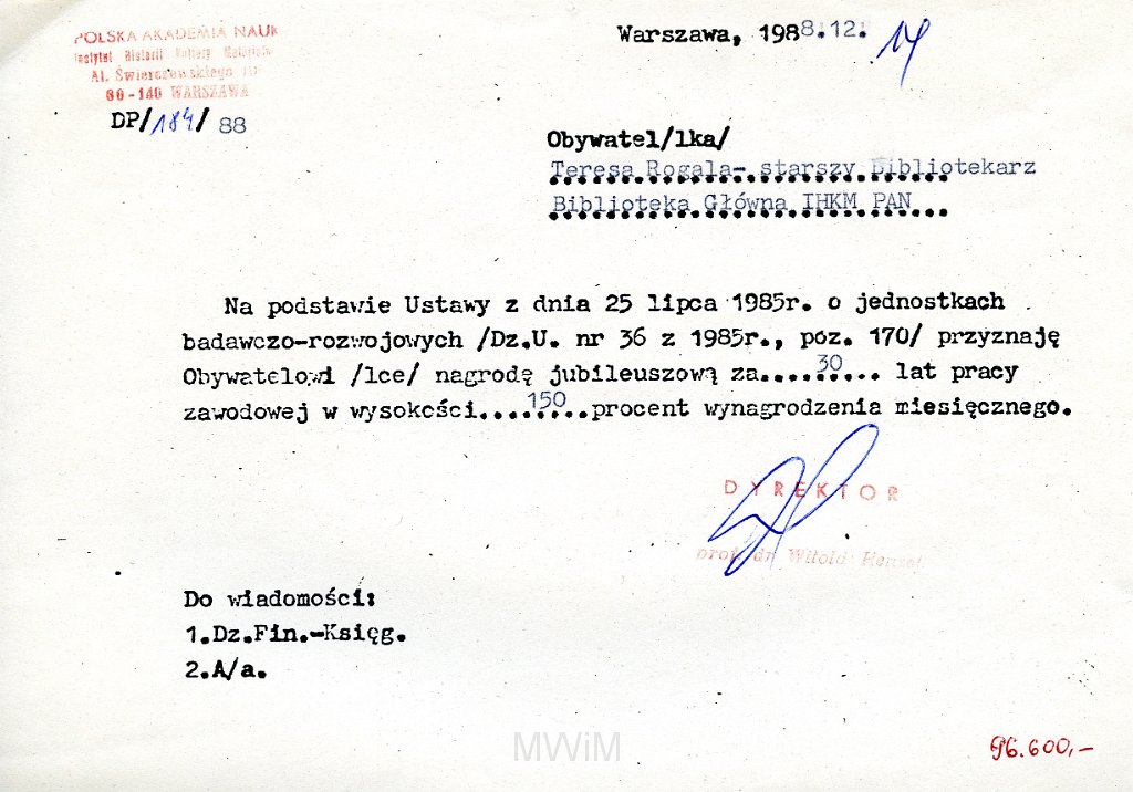 KKE 5798.jpg - Dok. Pismo w sprawie nagrodu jubilejuszowej PAN dla Teresy Rogali, Warszawa, XII 1988 r.